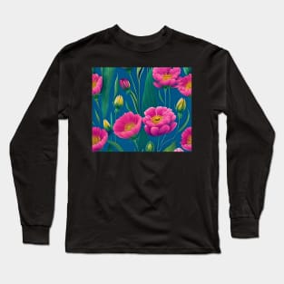 Pink Flowers On A Blue Background Watercolor Drawing Long Sleeve T-Shirt